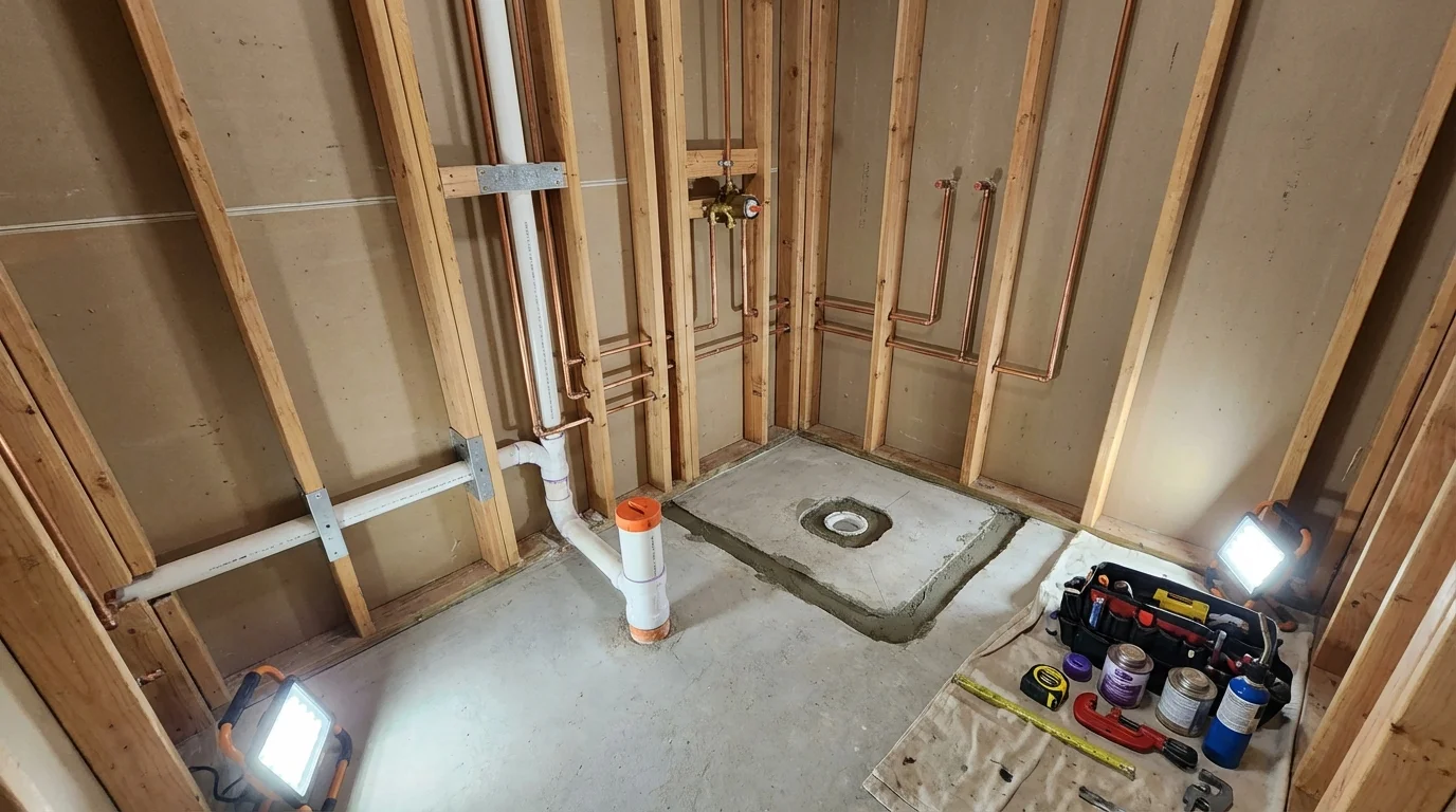 Bathroom rough-in plumbing during remodel by Johns Plumbing LLC in Goose Creek