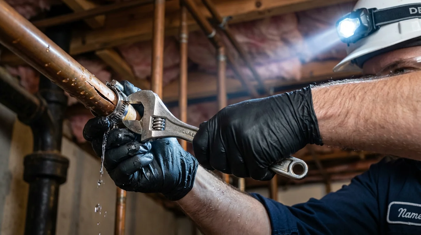 Emergency pipe clamp repair being performed by a Johns Plumbing LLC plumber in Goose Creek