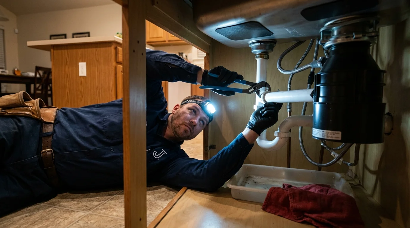 P-trap and supply line connections under a kitchen sink showing a common leak point in Goose Creek, SC